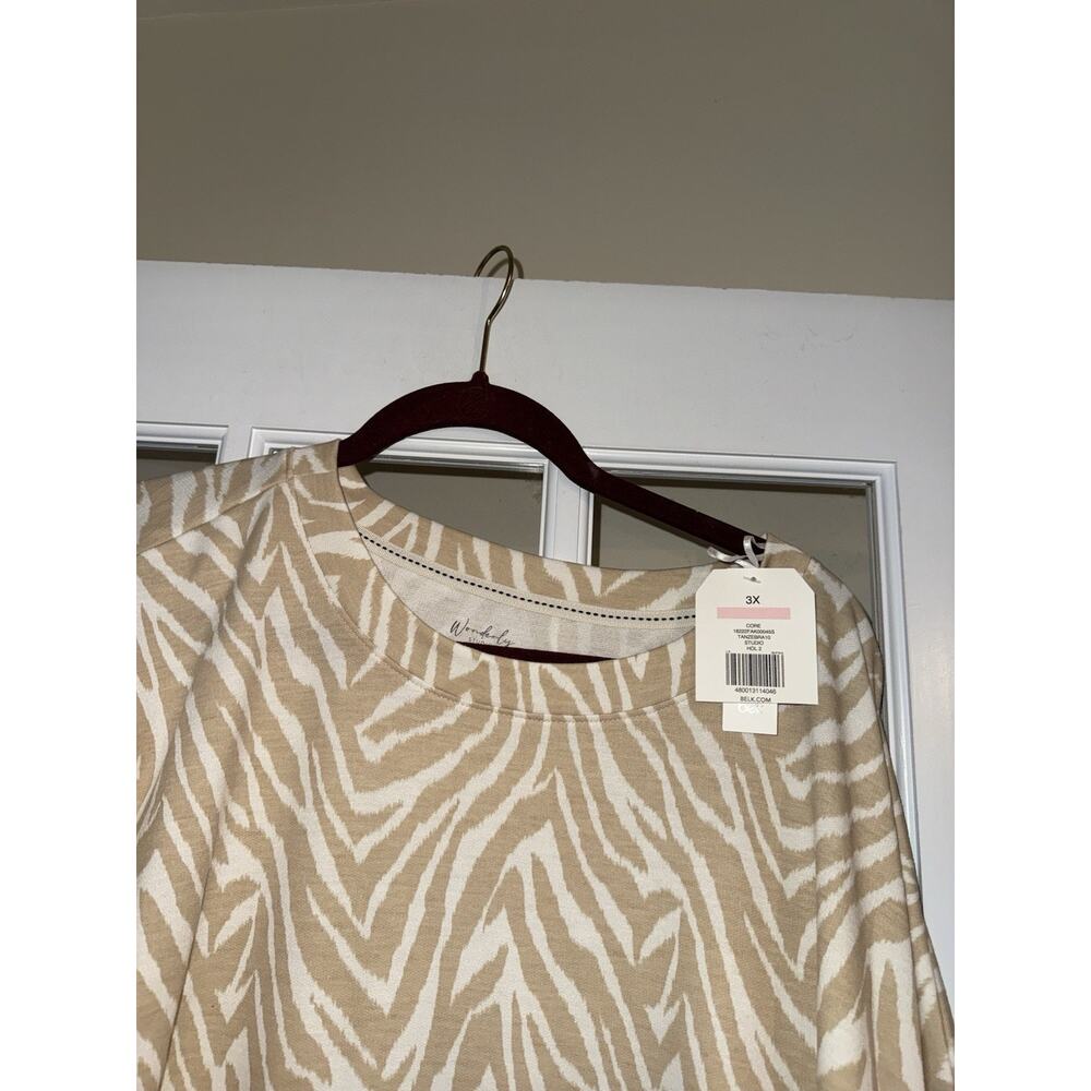 NWT Wonderly Tunic Blouse White Tan Zebra Print Long Sleeve 3XL comfy relaxed - Picture 2 of 3
